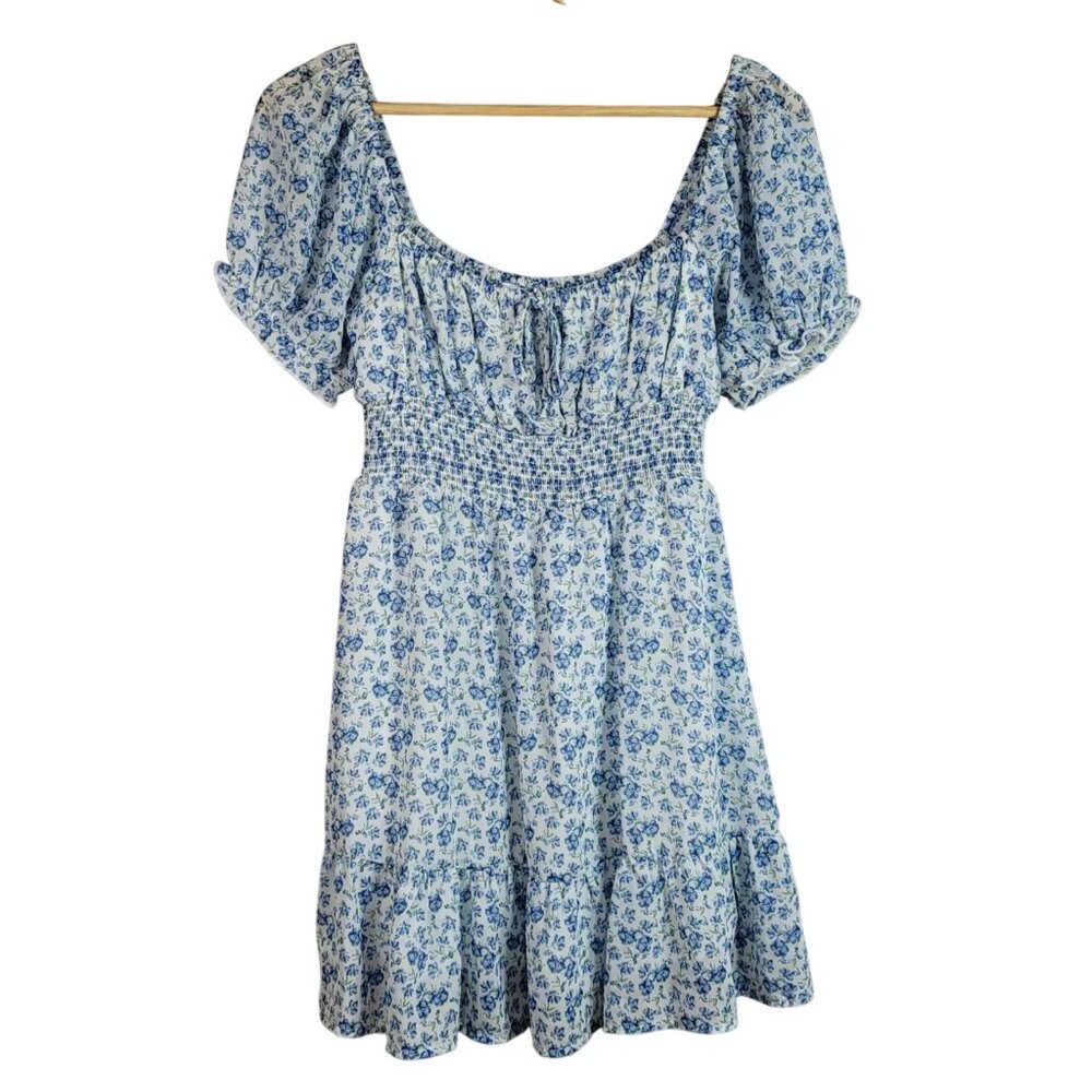 Altar'd State Floral Dress Blue Small Scoop Neck Lined Skirt Smock Short Sleeve